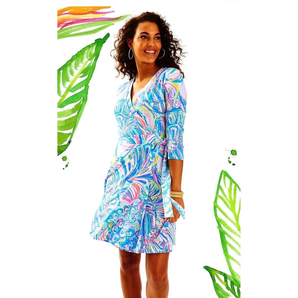 $178 Lilly Pulitzer EMILIA WRAP DRESS Multi Gillty Pleasure Blue Pink Colorful S